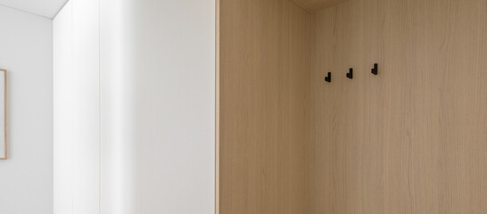 Three black minimalistic hooks on wood wall for clothes in the hallway of the apartment. Scandinavian interior concept