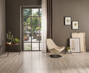 Grey wall background, window garden view, frame, chair and interior style.
