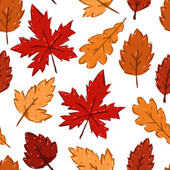 Autumn leaves vector cartoon seamless pattern background for wallpaper, wrapping, packing, and backdrop.