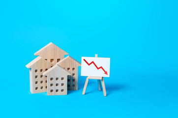Residential buildings and down arrow graph on easel. Low property value, low price. Real estate...
