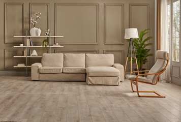 Brown classic wall background with sofa and white bookshelf book accessory style, vase of plant, lamp decoration and carpet.