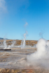 Landscape of El Tatio geothermal field with geyers in the Andes mountains, Atacama, Chile