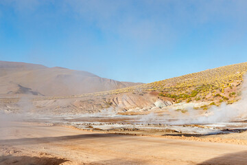 Landscape of El Tatio geothermal field with geyers in the Andes mountains, Atacama, Chile