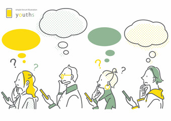 スマホを持ちながら考える若者4人セット　シンプルでお洒落な線画イラスト