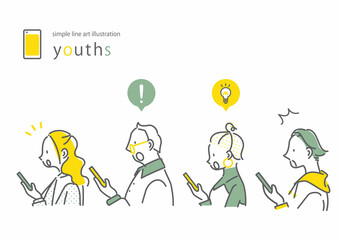 スマホを見て驚く若者4人セット　シンプルでお洒落な線画イラスト