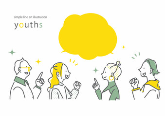 注目する若者4人セット　シンプルでお洒落な線画イラスト