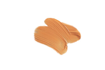 Makeup liquid foundation, beige concealer smears BB CC cream texture. Light brown cosmetic make up base cream swatch smudge on white background. .