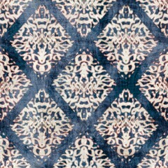 Seamless damask flourish motif Victorian-style surface pattern design for print. High-quality illustration. Luxurious fancy tapestry rug design for interior, wallpaper, or fabric. Navy blue and cream.