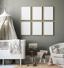 Mock up frame in cozy nursery interior background, Scandinavian style, 3D render