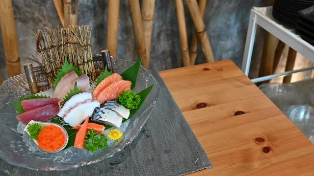 Various japanese fresh sashimi fish and seafood set