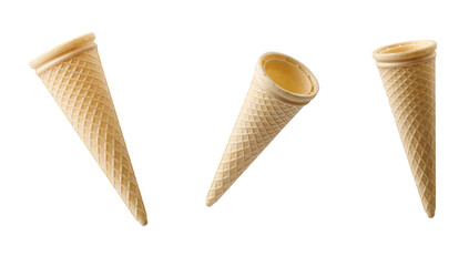 empty cone-shaped waffle cup for dessert, ice cream on white background