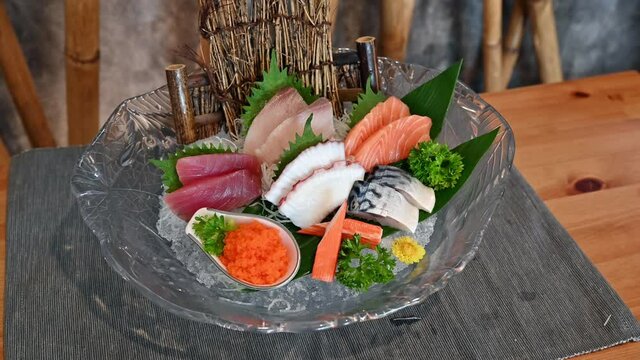 Various japanese fresh sashimi fish and seafood set