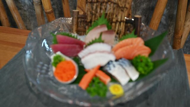 Various japanese fresh sashimi fish and seafood set