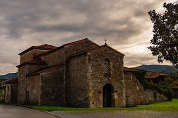 Bell tower of the pre-Romanesque Church of San Juan de Santione in Asturias - Spain.