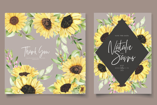 Hand drawn watercolor sun flower background card