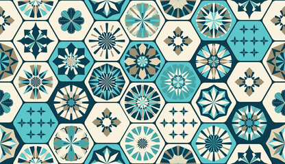 Seamless geometric pattern in retro style. Hexagonal tile pattern.