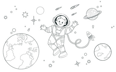 Coloring book a young astronaut soars in open space against the background of the Earth, planets and stars. Vector illustration , cartoon style