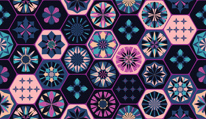 Seamless geometric pattern in retro style. Hexagonal tile pattern.