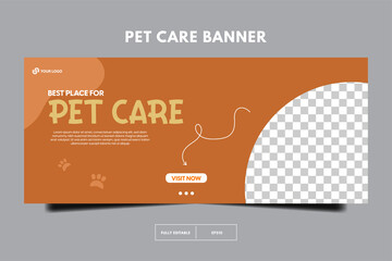 modern pet care horizontal lbanner, Pet care social media post Template or web banner template with space for a photo. Pet care service promotional banner ads design