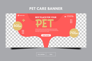 modern pet care horizontal lbanner, Pet care social media post Template or web banner template with space for a photo. Pet care service promotional banner ads design