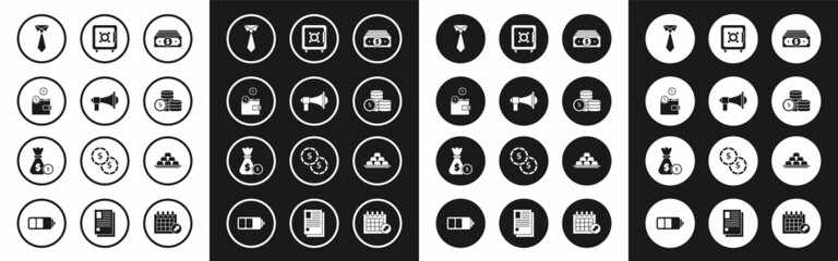 Set Stacks paper money cash, Megaphone, Wallet with coins, Tie, Coin dollar symbol, Safe, Gold bars and Money bag and icon. Vector