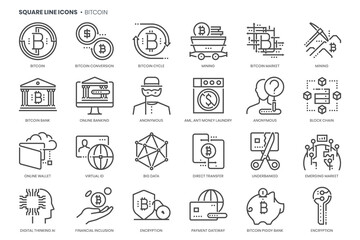 Bitcoin related, pixel perfect, editable stroke, up scalable square line vector icon set.