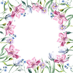 Fototapeta na wymiar Spring watercolor floral frame. Delicate flowers on a white background. Square frame for text.