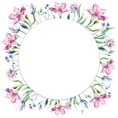 Round frame with watercolor flowers. Template for a text with a white background.