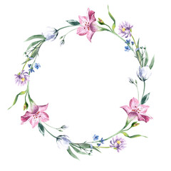Spring wreath. Round border with flowers for your text. Watercolor flowers, lilies on a white background
