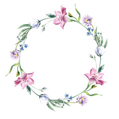 Spring wreath. Round border with flowers for your text. Watercolor flowers, lilies on a white background