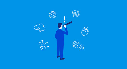 望遠鏡で発見するビジネスマンのイラスト、テクノロジーのアイコン、ベクター、青バック