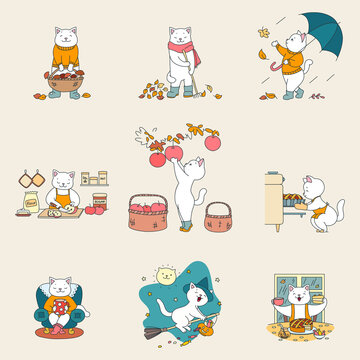 Collection of cute kittens enjoying fall season. Autumn illustrations of cute cats walking with umbrella, drinking hot beverage, picking mushrooms and raking leaves.