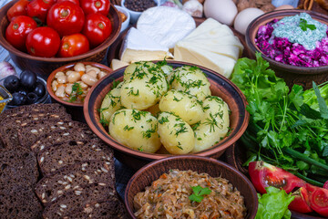 Assorted food for eat on the table, close up