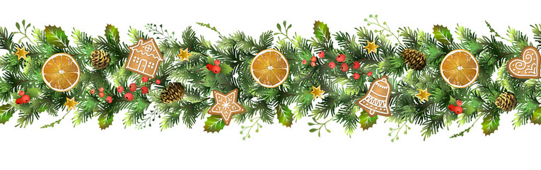 Seamless Christmas fir garland with orange slices, fir cones, Christmas cookies and red berries.