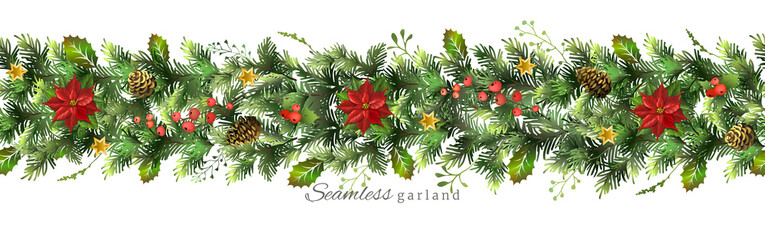 Fototapeta premium Seamless Christmas fir garland, fir cones, with poinsettia flower and red berries.