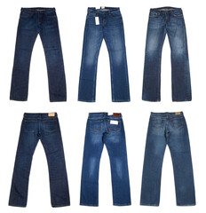 Blue Jeans front and back side with label isolated on white Background