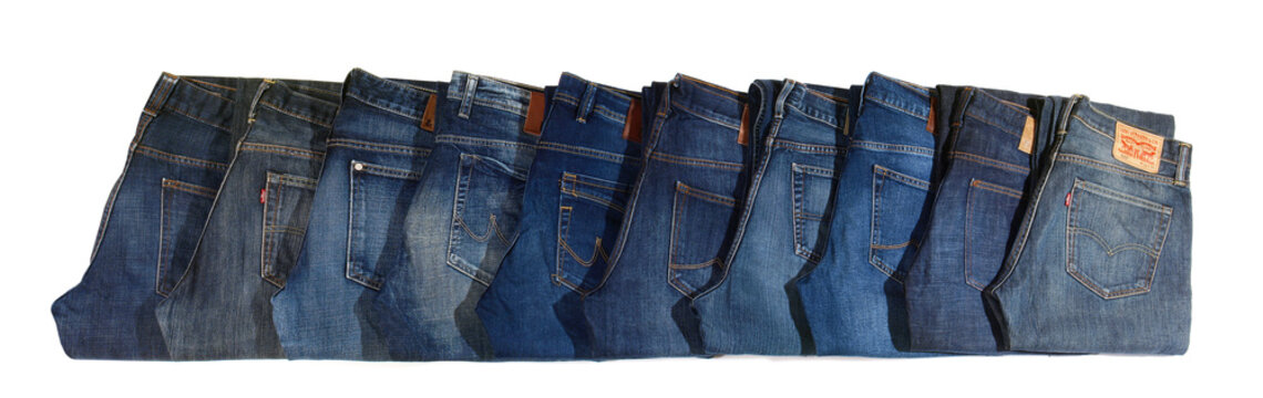 Blue Jeans Banner with Brands like Mustang, Levis, Hilfiger and others - Panorma isolated on white Background