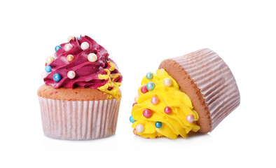 Dropped and good cupcakes on white background. Troubles happen