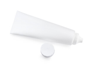 Blank tube of toothpaste isolated on white, top view