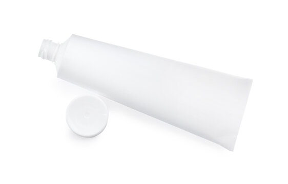 Blank tube of toothpaste isolated on white, above view