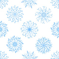 Fototapeta na wymiar Seamless Winter pattern from Snowflakes. Blue Watercolor snow patterns.