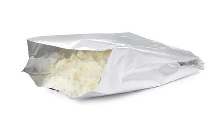 Bag of powdered infant formula isolated on white. Baby milk