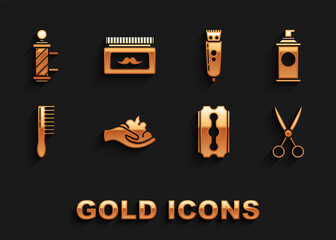 Set Shaving gel foam on hand, Scissors hairdresser, Blade razor, Hairbrush, Electrical clipper shaver, Classic Barber shop pole and Cream lotion cosmetic jar icon. Vector