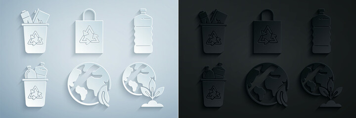 Fototapeta premium Set Earth globe and leaf, Plastic bottle, Recycle bin with recycle symbol, plant, bag and icon. Vector