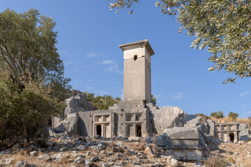 Fototapeta na wymiar Rock tomb and sarcophagus tomb at ancient city Xanthos.