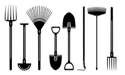 Garden tools set black and white silhouette Vector,