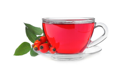 Aromatic rose hip tea and fresh berries on white background