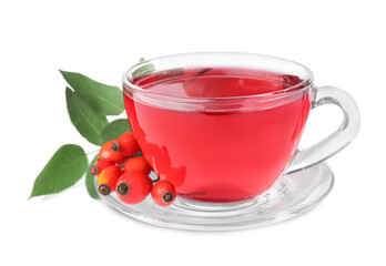 Aromatic rose hip tea and fresh berries on white background