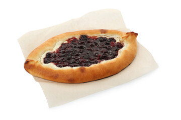 Delicious sweet cottage cheese pastry with cherry jam isolated on white