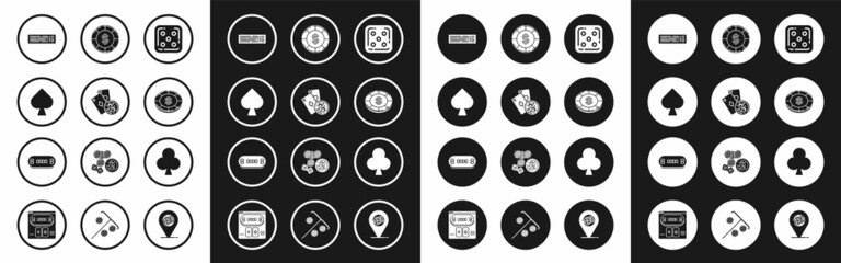 Set Game dice, Playing cards and glass of whiskey with cubes, spades symbol, Deck playing, Casino chip dollar, clubs and Poker table icon. Vector